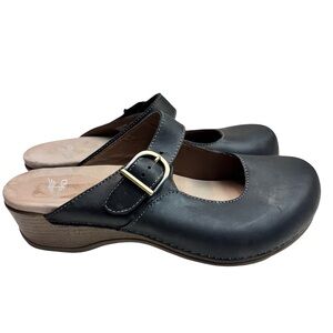 Dansko Black Leather Martina Mary Jane Clogs Buckle Strap Wedge Sz 41